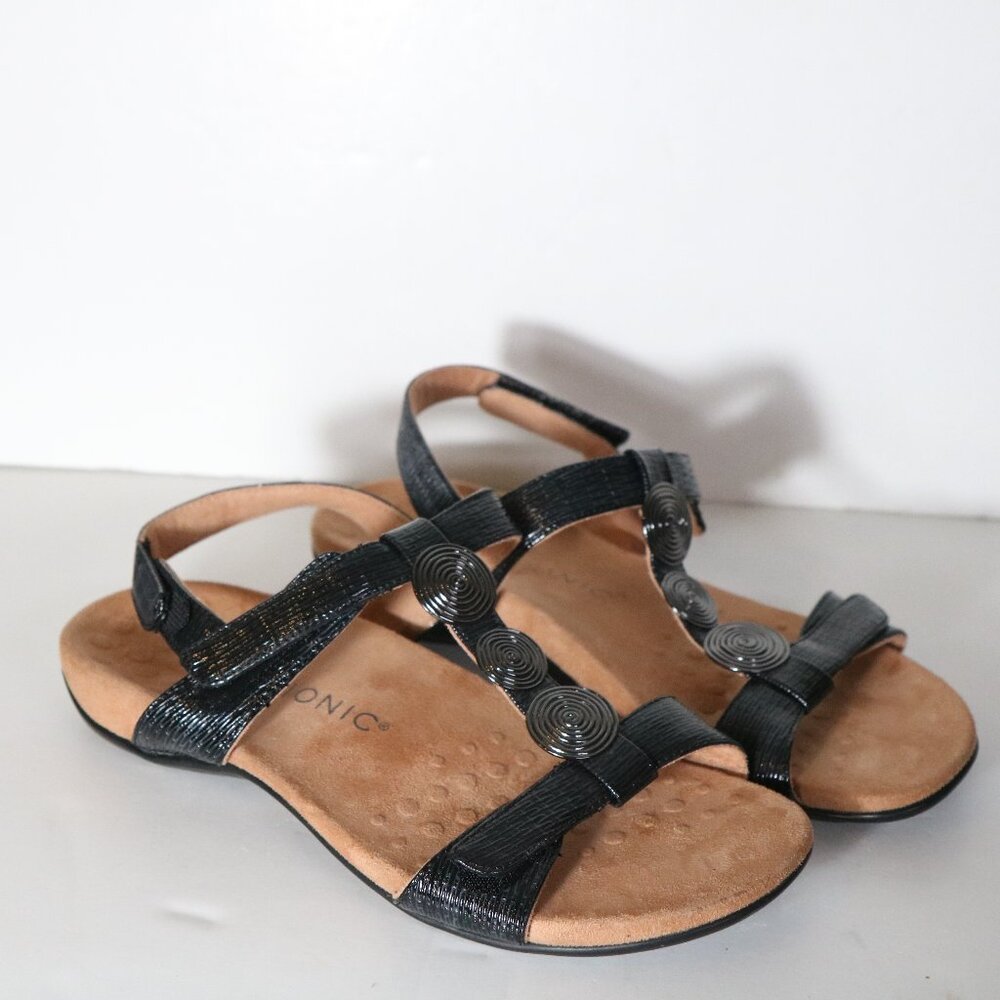 Vionic Farra II Black Woven Leather‎ Metal Sandals Womens 10 Comfort Walking